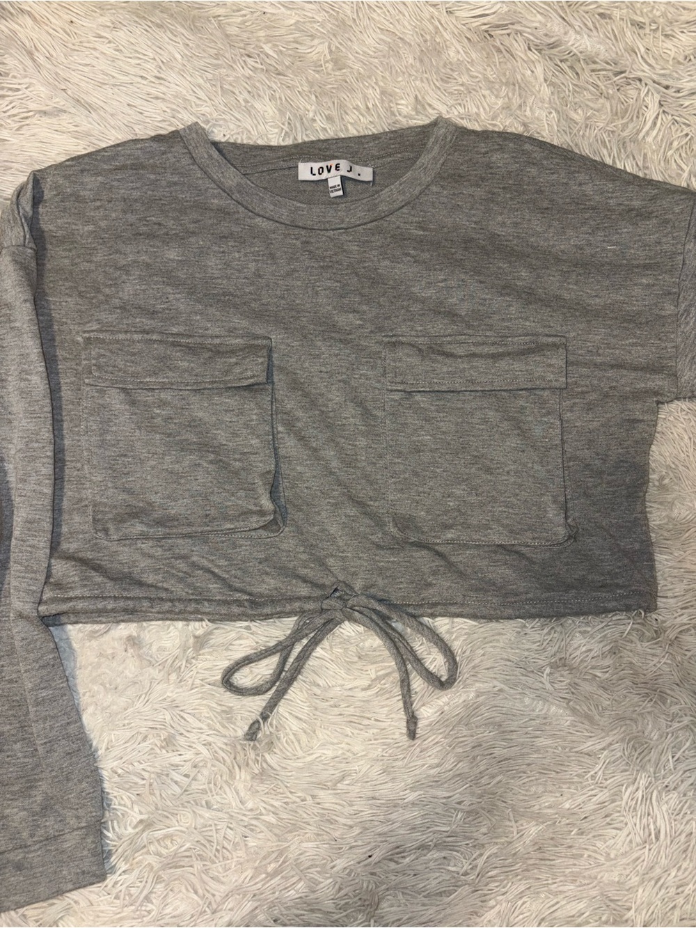 LOVE J. Gray Cropped Tie-Front Pocket Long Sleeve Sweatshirt